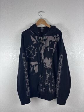 Social Collision Hoodie Mens Medium Black Full Zip Graphic Dog Chain Streetwear